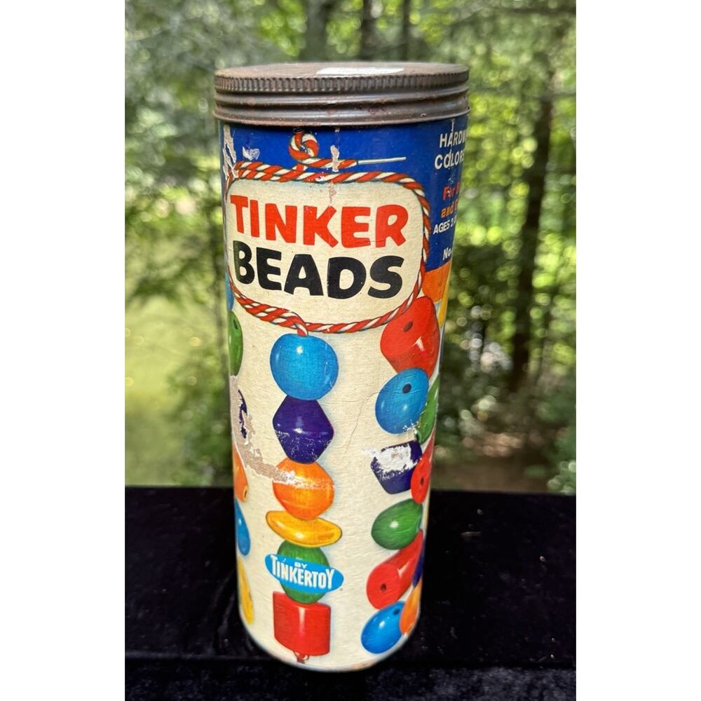 Vintage Tinker Toy Set Wooden Colored Beads in Canister Not Complete